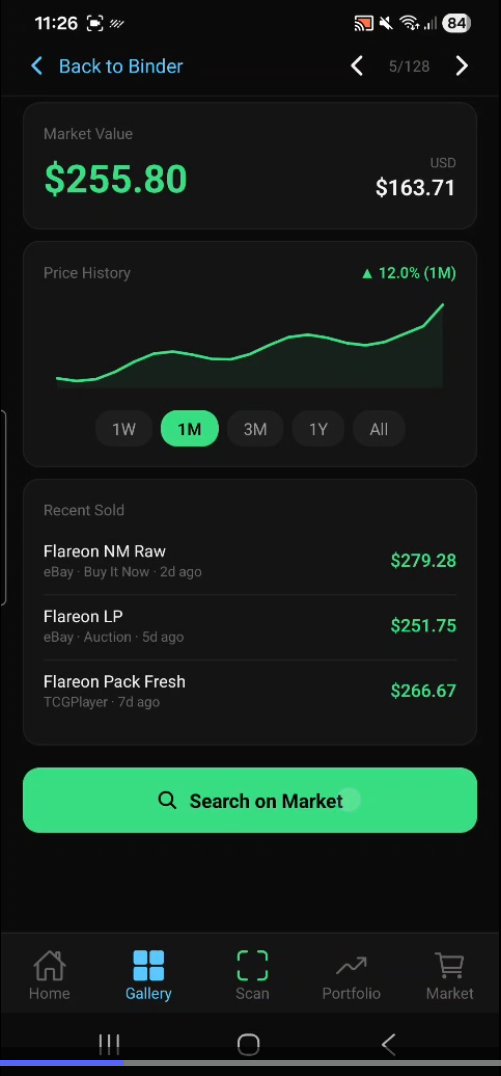 Card detail view showing market value, price history chart, and recent sold listings