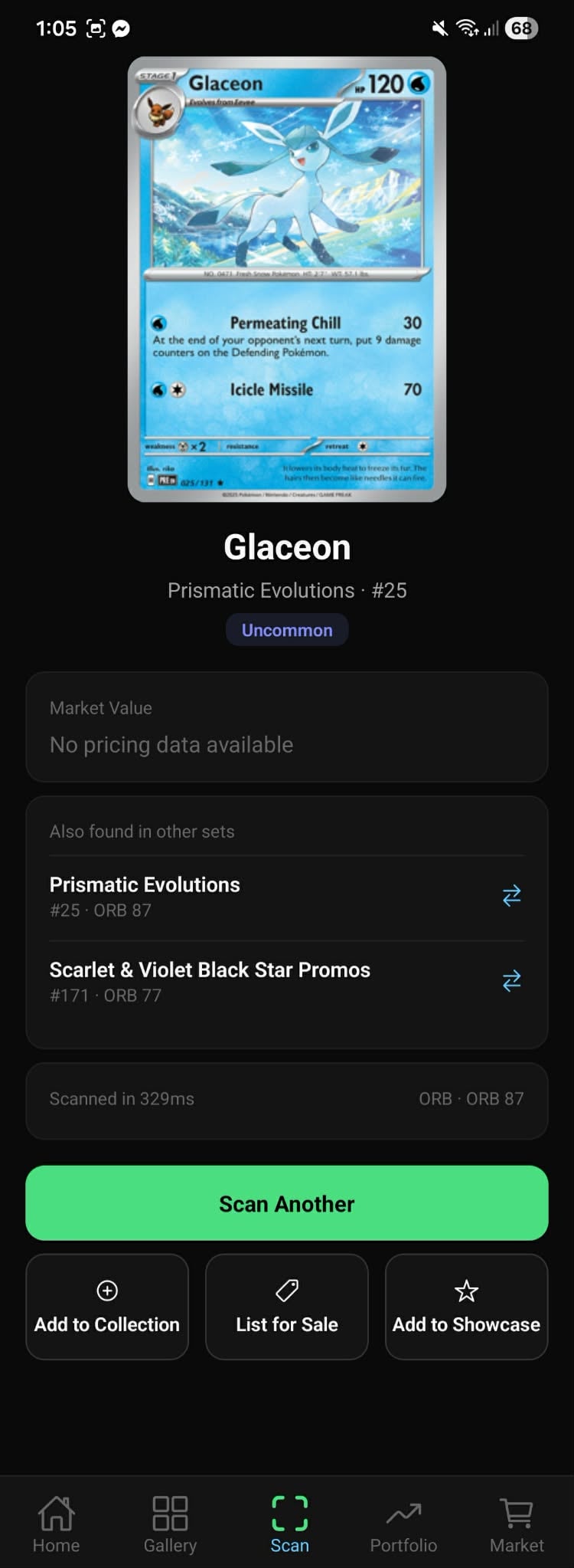 Scan result showing Glaceon from Prismatic Evolutions, identified in 329 milliseconds