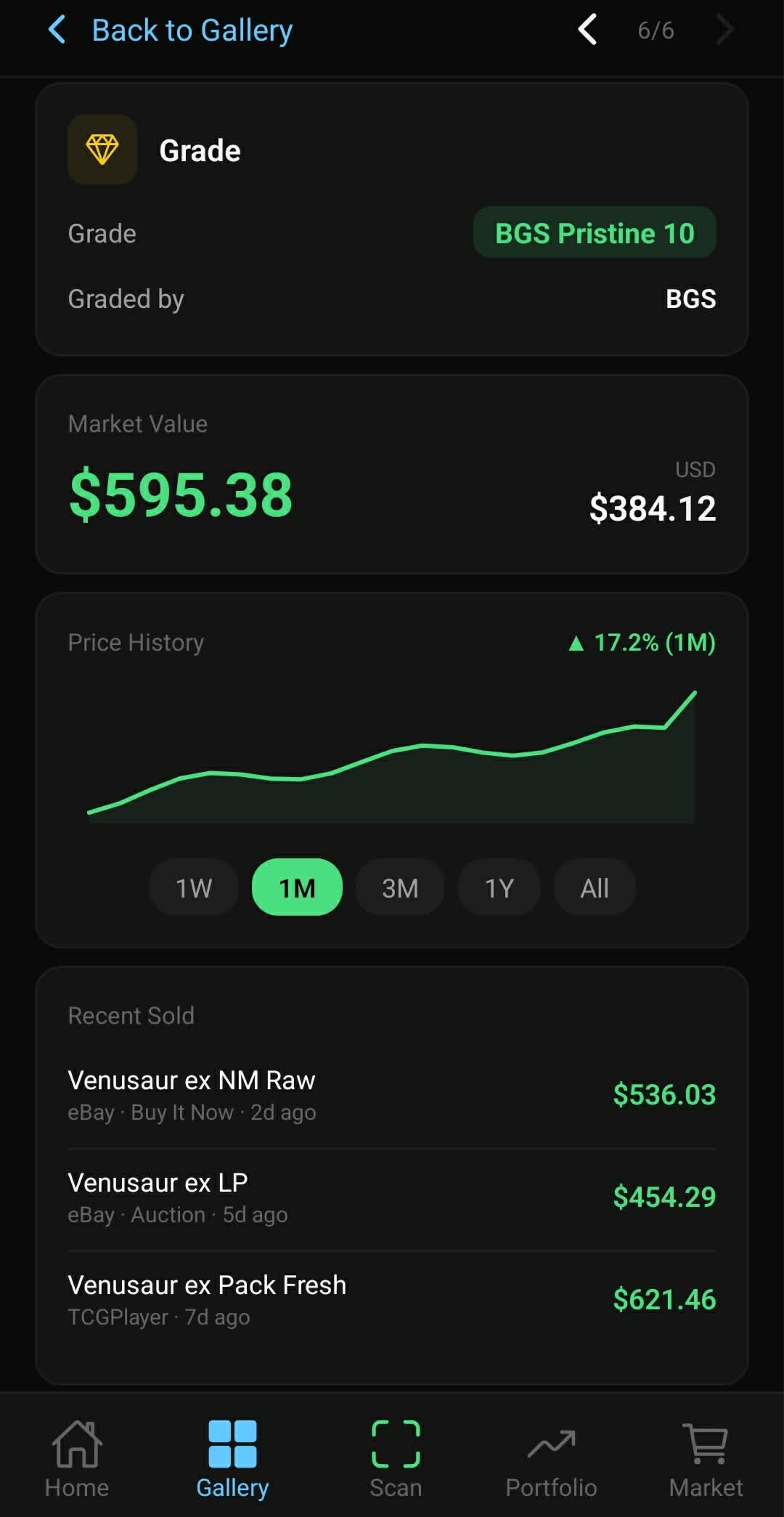 Grail app showing a BGS Pristine 10 graded Venusaur ex with market value, price history chart, and recent sold listings from eBay and TCGPlayer
