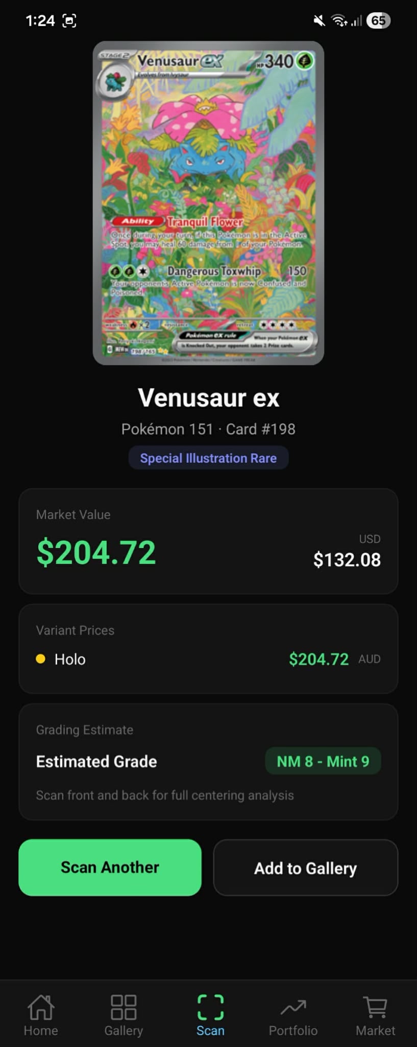 Scan result for Venusaur ex Special Illustration Rare showing market value in AUD and USD, variant pricing, and grading estimate